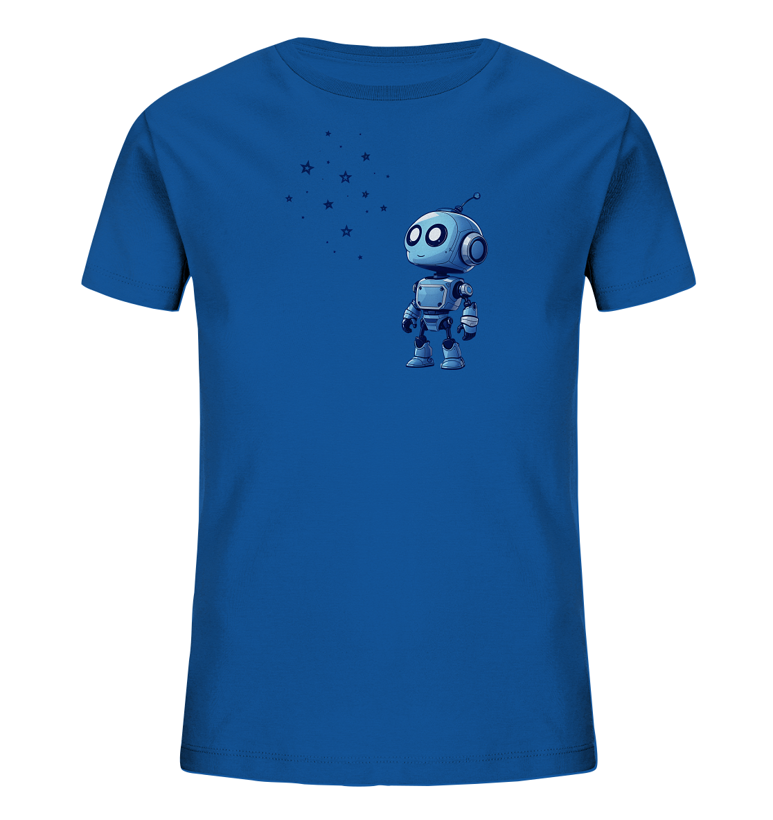 Onlineshop Shirts für Kinder - Das Bild präsentiert ein blaues T-Shirt, das speziell für Kinder entworfen ist. Auf der Vorderseite befindet sich eine niedliche, cartoonhafte Illustration eines kleinen, aufrecht stehenden Roboters mit großen, freundlichen Augen und einer Antenne. Links über dem Roboter sind mehrere kleine Sterne und Punkte in einem passenden Farbton abgebildet, die das Weltraumthema ergänzen. Das gesamte Design ist schlicht und ansprechend für junge Träger.