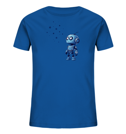 Onlineshop Shirts für Kinder - Das Bild präsentiert ein blaues T-Shirt, das speziell für Kinder entworfen ist. Auf der Vorderseite befindet sich eine niedliche, cartoonhafte Illustration eines kleinen, aufrecht stehenden Roboters mit großen, freundlichen Augen und einer Antenne. Links über dem Roboter sind mehrere kleine Sterne und Punkte in einem passenden Farbton abgebildet, die das Weltraumthema ergänzen. Das gesamte Design ist schlicht und ansprechend für junge Träger.