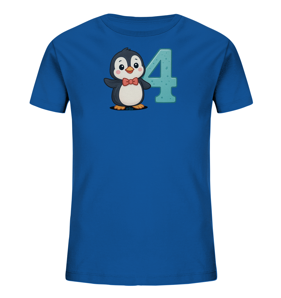 Onlineshop Shirts fuer Kinder - Dieses blaue Kinder-T-Shirt zeigt eine niedliche Illustration eines Pinguins mit roter Fliege. Der Pinguin steht neben der grossen Zahl Vier, die in einem hellblauen Farbton mit Struktur dargestellt ist. Das Design ist freundlich und verspielt, ideal fuer Kinderoutfits.