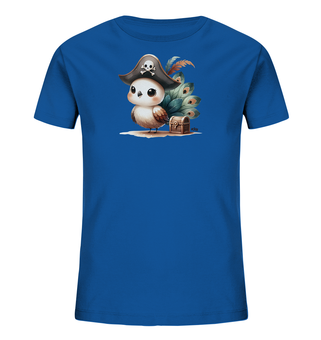 Onlineshop Shirts fuer Kinder - Das Bild zeigt ein leuchtend blaues T-Shirt fuer Kinder. Auf der Vorderseite ist eine Illustration eines niedlichen Vogels im Piratenkostuem zu sehen. Der Vogel traegt einen Piratenhut mit Totenkopf und steht neben einer kleinen Schatztruhe. Im Hintergrund sind dekorative Elemente, die an Federn erinnern.
