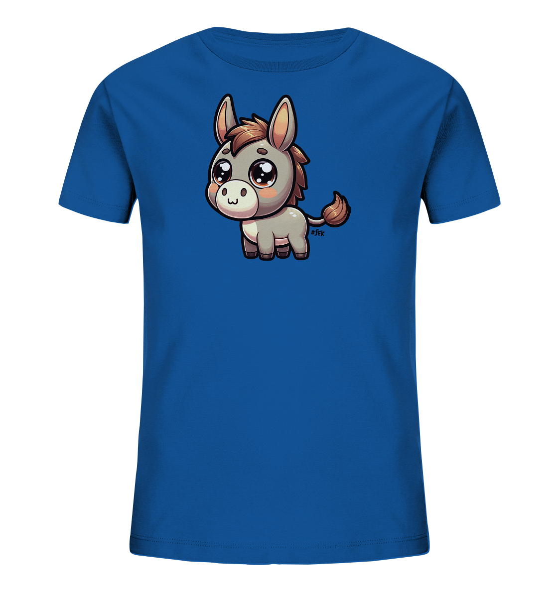 Onlineshop Shirts fuer Kinder - Das Bild zeigt ein blaues T-Shirt fuer Kinder. Auf der Vorderseite ist eine suesse, cartoonhafte Illustration eines kleinen Esels abgebildet. Der Esel hat grosse, glaenzende Augen und ein freundliches Laecheln. Er steht aufrecht und wirkt sehr liebenswert, ideal fuer ein verspieltes Outfit.