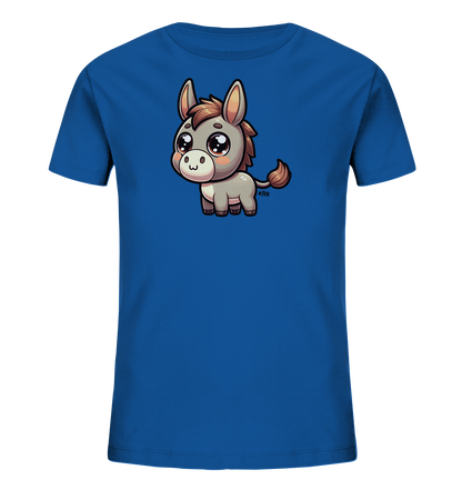 Onlineshop Shirts fuer Kinder - Das Bild zeigt ein blaues T-Shirt fuer Kinder. Auf der Vorderseite ist eine suesse, cartoonhafte Illustration eines kleinen Esels abgebildet. Der Esel hat grosse, glaenzende Augen und ein freundliches Laecheln. Er steht aufrecht und wirkt sehr liebenswert, ideal fuer ein verspieltes Outfit.