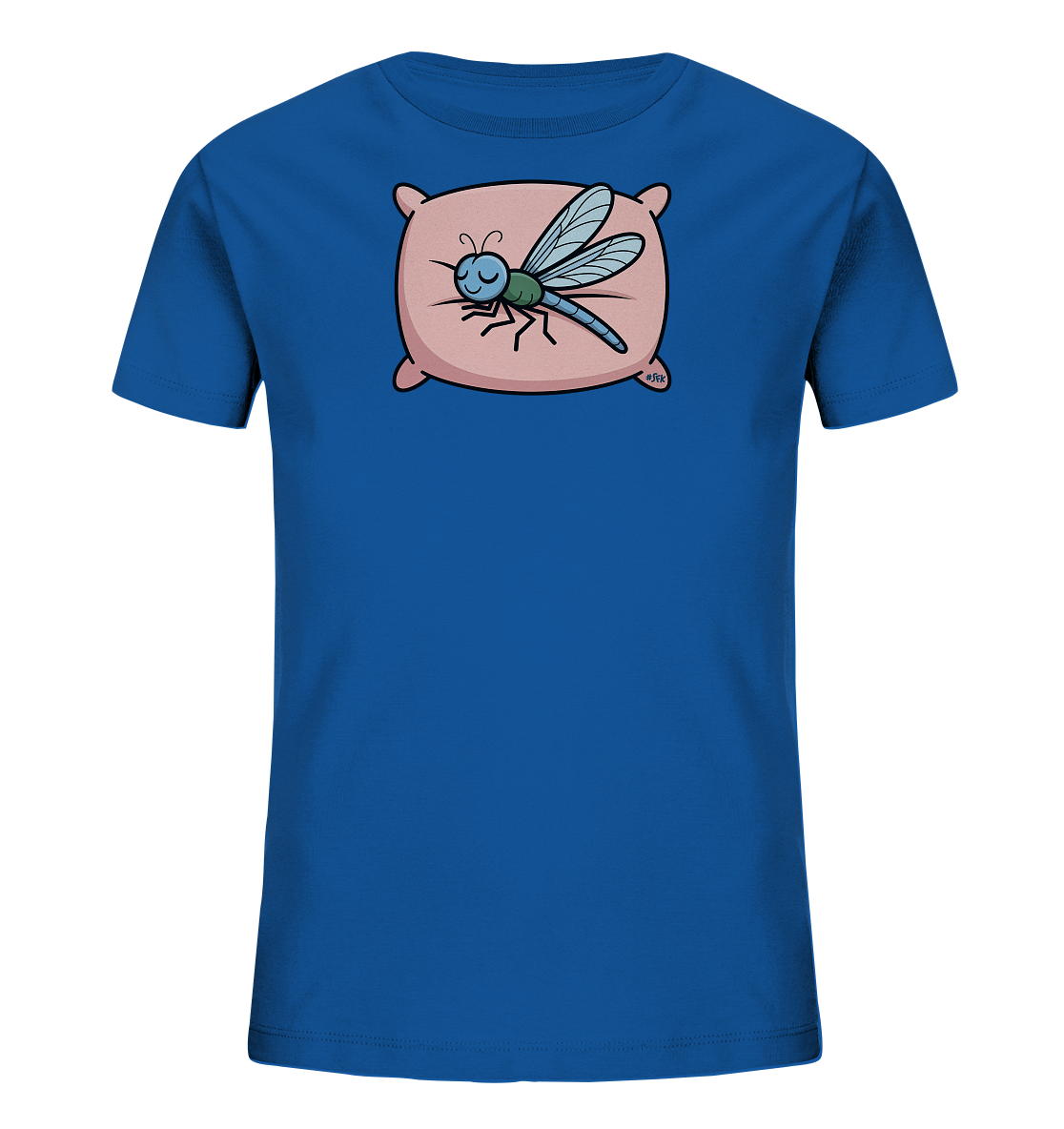 Onlineshop Shirts fuer Kinder - Das Bild zeigt ein koenigsblaues Kinder-T-Shirt. Auf der Vorderseite befindet sich eine niedliche Cartoon-Illustration einer schlafenden Libelle. Die Libelle liegt gemuetlich auf einem rosa Kissen, mit geschlossenen Augen und einem zufriedenen Laecheln. Das Design wirkt verspielt und friedlich.