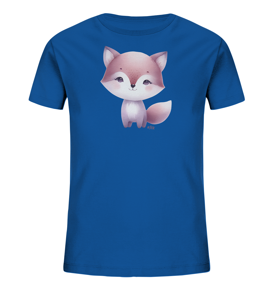 Onlineshop Shirts fuer Kinder - Das Bild zeigt ein strahlend blaues T-Shirt fuer Kinder. Auf der Vorderseite ist eine suesse, cartoonhafte Illustration eines Fuchses zu sehen. Der Fuchs hat rosafarbenes Fell, grosse Ohren und ein freundliches Gesicht. Er sitzt aufrecht in der Mitte des Shirts.