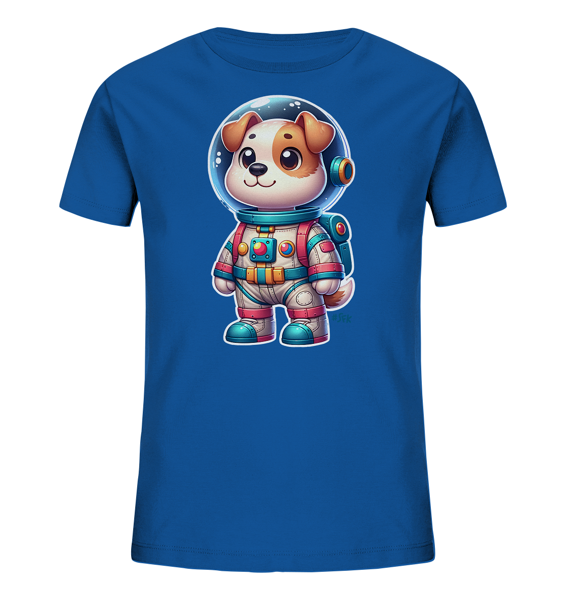 Onlineshop Shirts fuer Kinder - Das Bild zeigt ein leuchtend blaues T-Shirt fuer Kinder. Auf der Vorderseite ist eine Illustration eines niedlichen Hundes in einem farbenfrohen Astronautenanzug zu sehen. Der Hund traegt einen Helm und hat einen freundlichen Ausdruck. Das Design ist detailliert und verspielt.