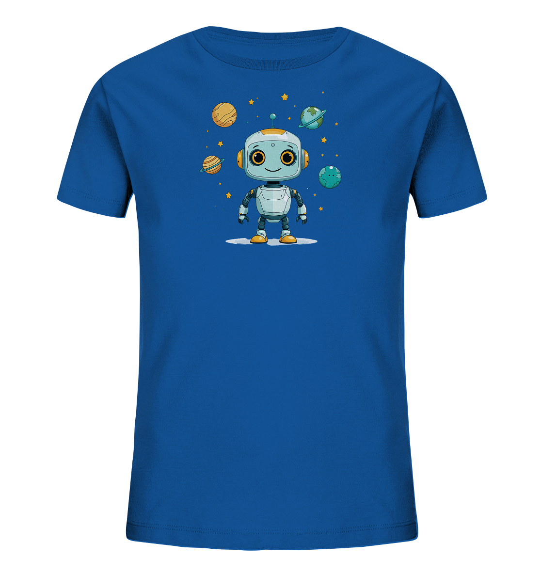 Onlineshop Shirts für Kinder - Das Bild zeigt ein blaues T-Shirt für Kinder mit einem farbenfrohen Aufdruck im Weltraum-Design. Im Zentrum des Designs befindet sich ein niedlicher, freundlich lächelnder Roboter mit großen Augen und orangefarbenen Akzenten. Der Roboter ist umgeben von verschiedenen Planeten in unterschiedlichen Größen und Farben sowie kleinen gelben Sternen. Das Motiv verleiht dem T-Shirt einen verspielten und fantasievollen Charakter, der Kinder begeistern dürfte.