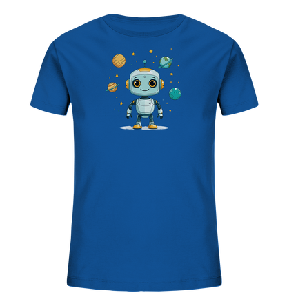 Onlineshop Shirts für Kinder - Das Bild zeigt ein blaues T-Shirt für Kinder mit einem farbenfrohen Aufdruck im Weltraum-Design. Im Zentrum des Designs befindet sich ein niedlicher, freundlich lächelnder Roboter mit großen Augen und orangefarbenen Akzenten. Der Roboter ist umgeben von verschiedenen Planeten in unterschiedlichen Größen und Farben sowie kleinen gelben Sternen. Das Motiv verleiht dem T-Shirt einen verspielten und fantasievollen Charakter, der Kinder begeistern dürfte.