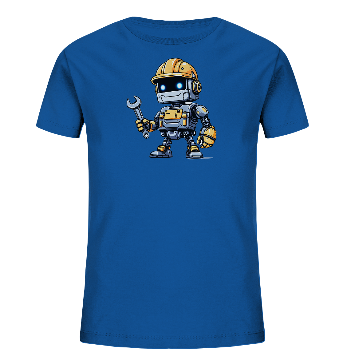 Onlineshop Shirts für Kinder - Dieses Bild zeigt ein blaues T-Shirt für Kinder. Auf der Vorderseite ist eine detaillierte Illustration eines cartoonartigen Roboters abgebildet. Der kleine Roboter, gekleidet in graue und gelbe Bauteile und einen gelben Helm, hält einen silbernen Schraubenschlüssel. Mit seinen leuchtend blauen Augen wirkt er aufmerksam und einsatzbereit.