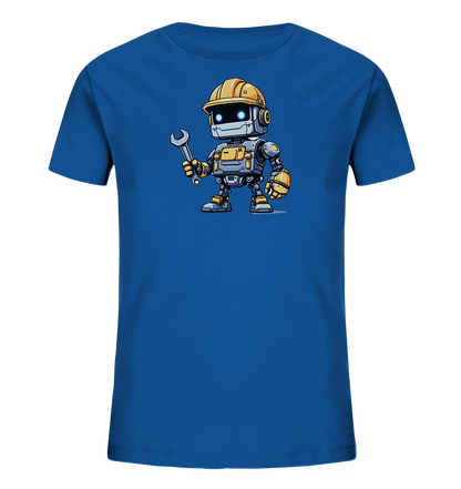Onlineshop Shirts für Kinder - Dieses Bild zeigt ein blaues T-Shirt für Kinder. Auf der Vorderseite ist eine detaillierte Illustration eines cartoonartigen Roboters abgebildet. Der kleine Roboter, gekleidet in graue und gelbe Bauteile und einen gelben Helm, hält einen silbernen Schraubenschlüssel. Mit seinen leuchtend blauen Augen wirkt er aufmerksam und einsatzbereit.