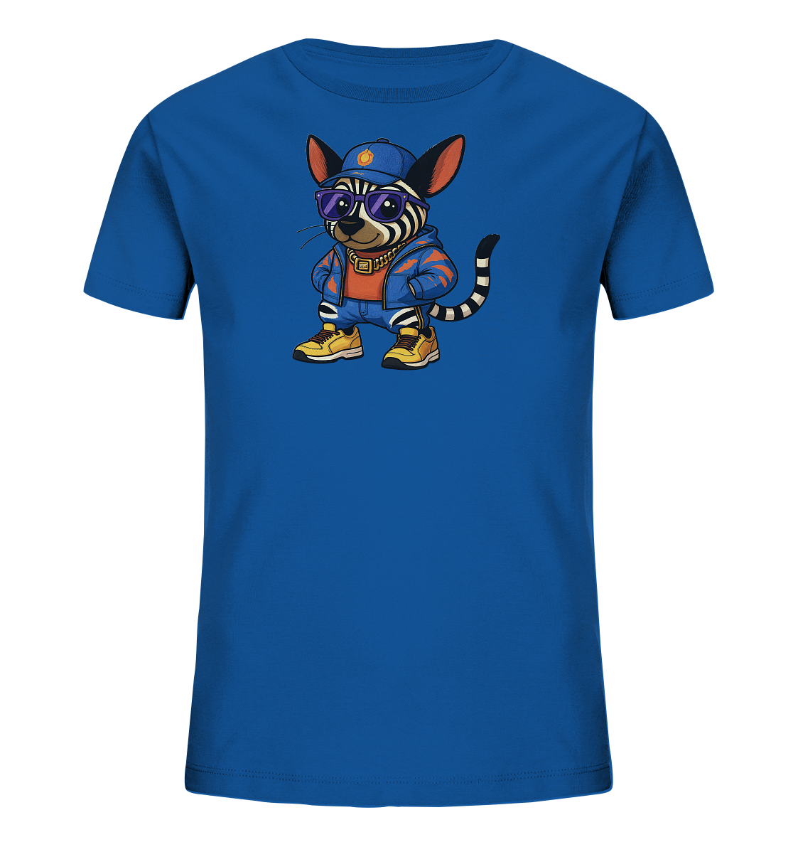 Onlineshop Shirts fuer Kinder - Das Bild zeigt ein leuchtend blaues Kinder-T-Shirt mit einem auffaelligen Grafikdruck auf der Vorderseite. Der Druck stellt ein gestreiftes, katzenaehnliches Tier dar, das modische Kleidung im Streetwear-Stil traegt. Es hat eine blaue Kappe, Sonnenbrille und eine Goldkette an und steht laessig mit den Haenden in den Hosentaschen. Das Design verleiht dem Shirt einen modernen und coolen Look.