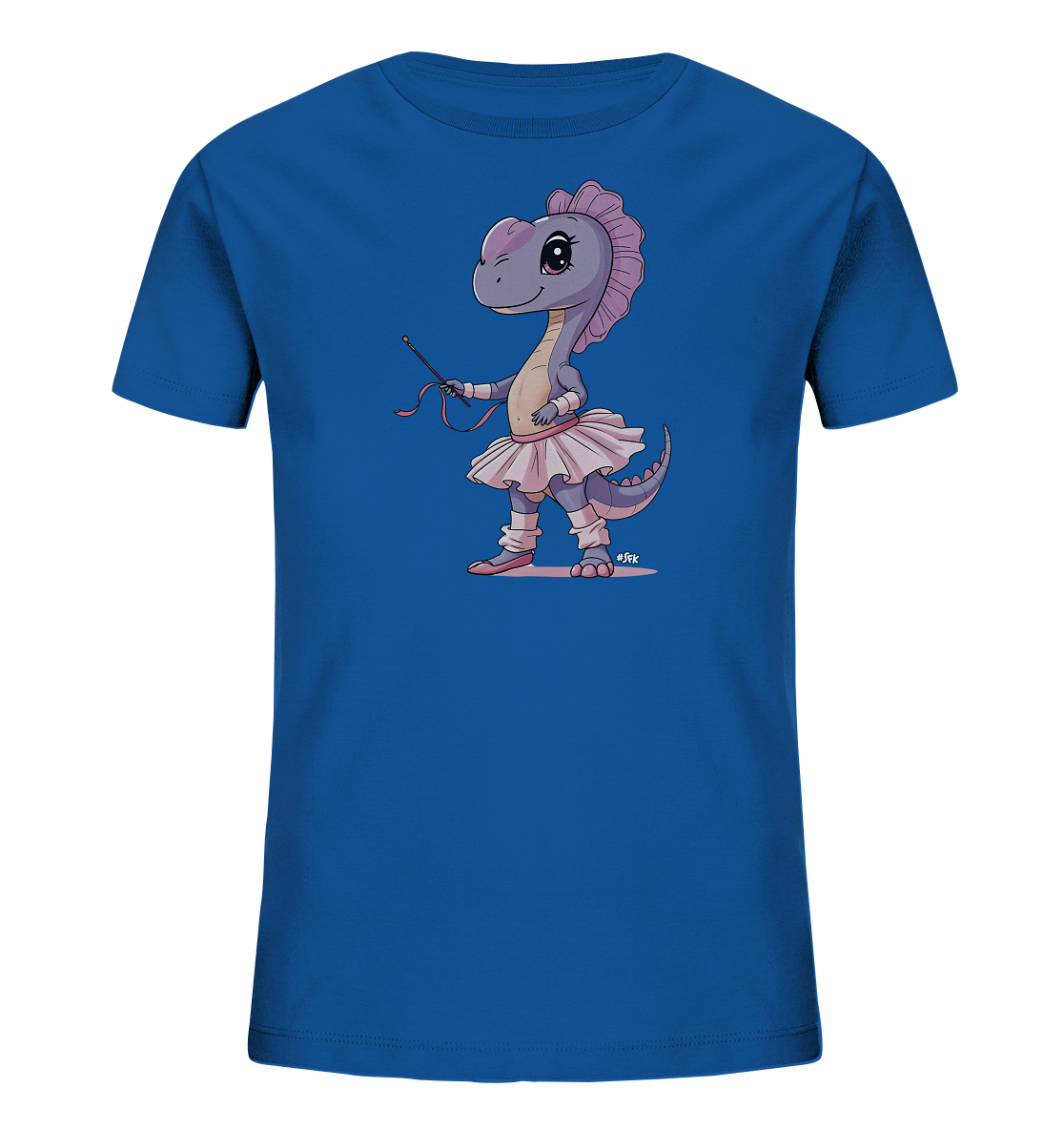 Onlineshop Shirts fuer Kinder - Das blaue T-Shirt zeigt eine charmante Illustration eines lila Dinosauriers, der als Ballerina gekleidet ist. Der Dino traegt ein rosa Tutu, Ballettschuhe, Beinwaermer und haelt einen Zauberstab. Die Figur hat einen freundlichen Ausdruck und eine verspielte Frisur, was dem Shirt einen niedlichen Charakter verleiht. Die Grafik ist farbenfroh und auf der Vorderseite des Shirts zentriert.
