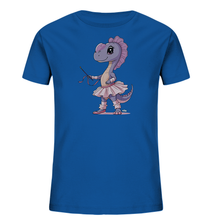 Onlineshop Shirts fuer Kinder - Das blaue T-Shirt zeigt eine charmante Illustration eines lila Dinosauriers, der als Ballerina gekleidet ist. Der Dino traegt ein rosa Tutu, Ballettschuhe, Beinwaermer und haelt einen Zauberstab. Die Figur hat einen freundlichen Ausdruck und eine verspielte Frisur, was dem Shirt einen niedlichen Charakter verleiht. Die Grafik ist farbenfroh und auf der Vorderseite des Shirts zentriert.