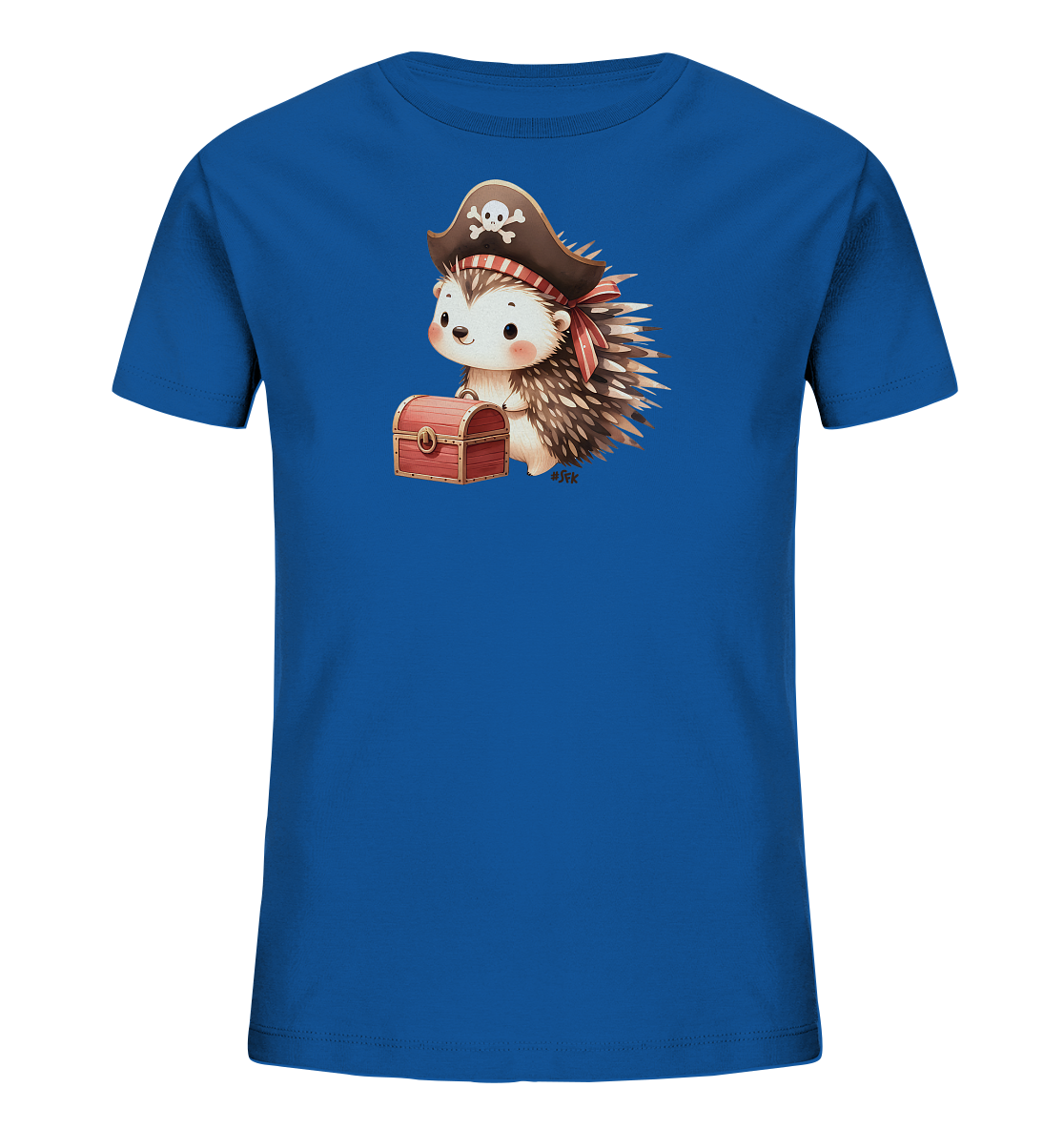 Onlineshop Shirts fuer Kinder - Dieses blaue Kinder-T-Shirt zeigt eine niedliche Illustration eines Igels in einem Piratenhut. Der Igel steht neben einer kleinen Schatzkiste. Die Illustration ist im Comic-Stil gehalten und wirkt freundlich. Es ist ein verspieltes Motiv, das Kinder ansprechen duerfte.