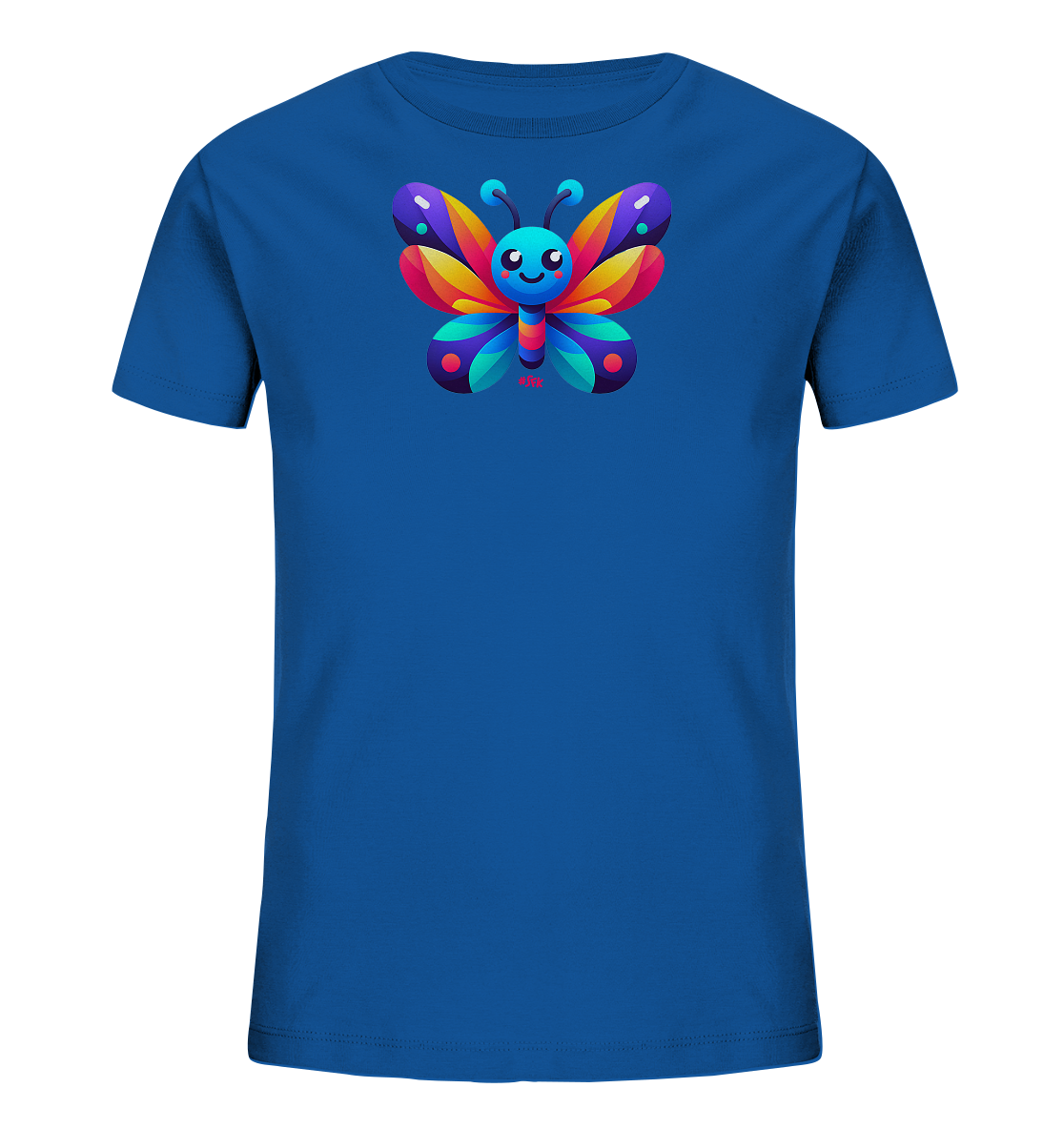 Onlineshop Shirts fuer Kinder - Das Bild zeigt ein koenigsblaues T-Shirt fuer Kinder mit einem farbenfrohen Schmetterlingsmotiv auf der Vorderseite. Der Schmetterling ist im Cartoon-Stil gezeichnet und besticht durch seine leuchtenden Fluegel in verschiedenen Farben wie Gelb, Orange, Rot, Lila und Tuerkis. Das Design verleiht dem Shirt einen froehlichen und verspielten Look. Es ist ein ideales Kleidungsstueck fuer Kinder.