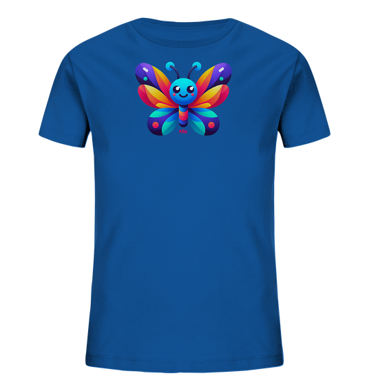 Onlineshop Shirts fuer Kinder - Das Bild zeigt ein koenigsblaues T-Shirt fuer Kinder mit einem farbenfrohen Schmetterlingsmotiv auf der Vorderseite. Der Schmetterling ist im Cartoon-Stil gezeichnet und besticht durch seine leuchtenden Fluegel in verschiedenen Farben wie Gelb, Orange, Rot, Lila und Tuerkis. Das Design verleiht dem Shirt einen froehlichen und verspielten Look. Es ist ein ideales Kleidungsstueck fuer Kinder.