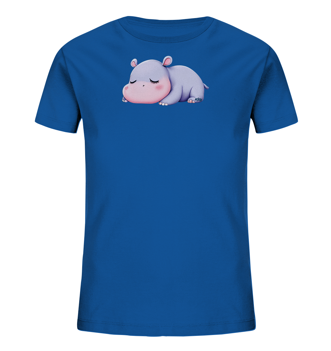 Onlineshop Shirts fuer Kinder - Das Bild zeigt ein blaues Kinder-T-Shirt mit einem niedlichen Print eines schlafenden Nilpferdes auf der Vorderseite. Das Nilpferd ist in sanften Lila- und Rosatoenen gehalten und liegt friedlich mit geschlossenen Augen da. Das Design wirkt beruhigend und verspielt.
