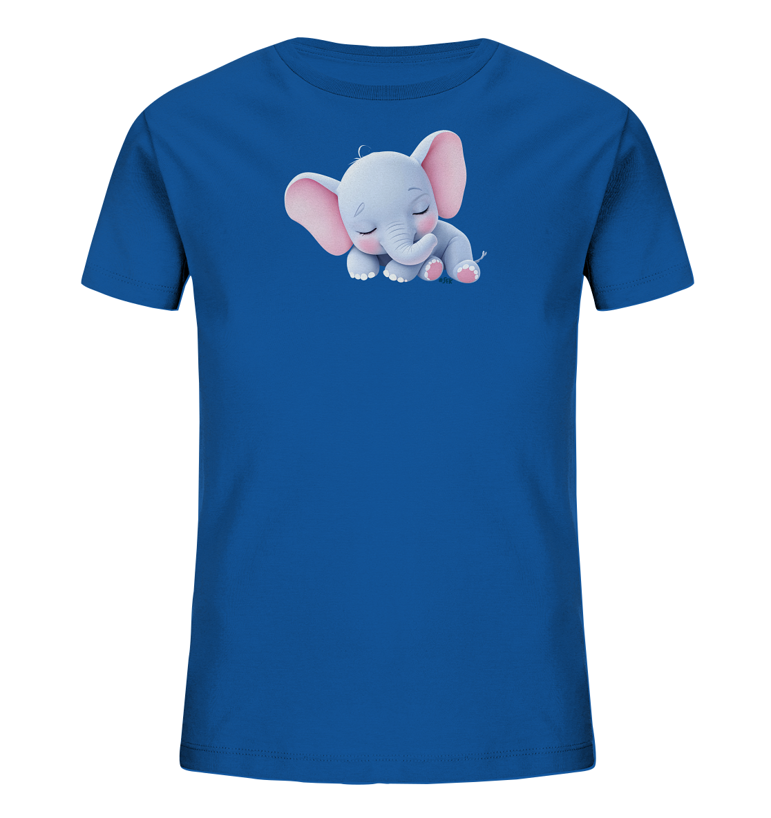 Onlineshop Shirts fuer Kinder - Das Bild zeigt ein koenigsblaues Kinder-T-Shirt mit einem Aufdruck eines schlafenden Elefantenbabys. Das hellgraue Elefaentchen hat grosse rosafarbene Ohren und geschlossene Augen. Es liegt entspannt mit leicht angezogenen Beinen, was einen friedlichen Ausdruck vermittelt. Das Motiv verleiht dem Shirt einen sanften und kinderfreundlichen Charakter.