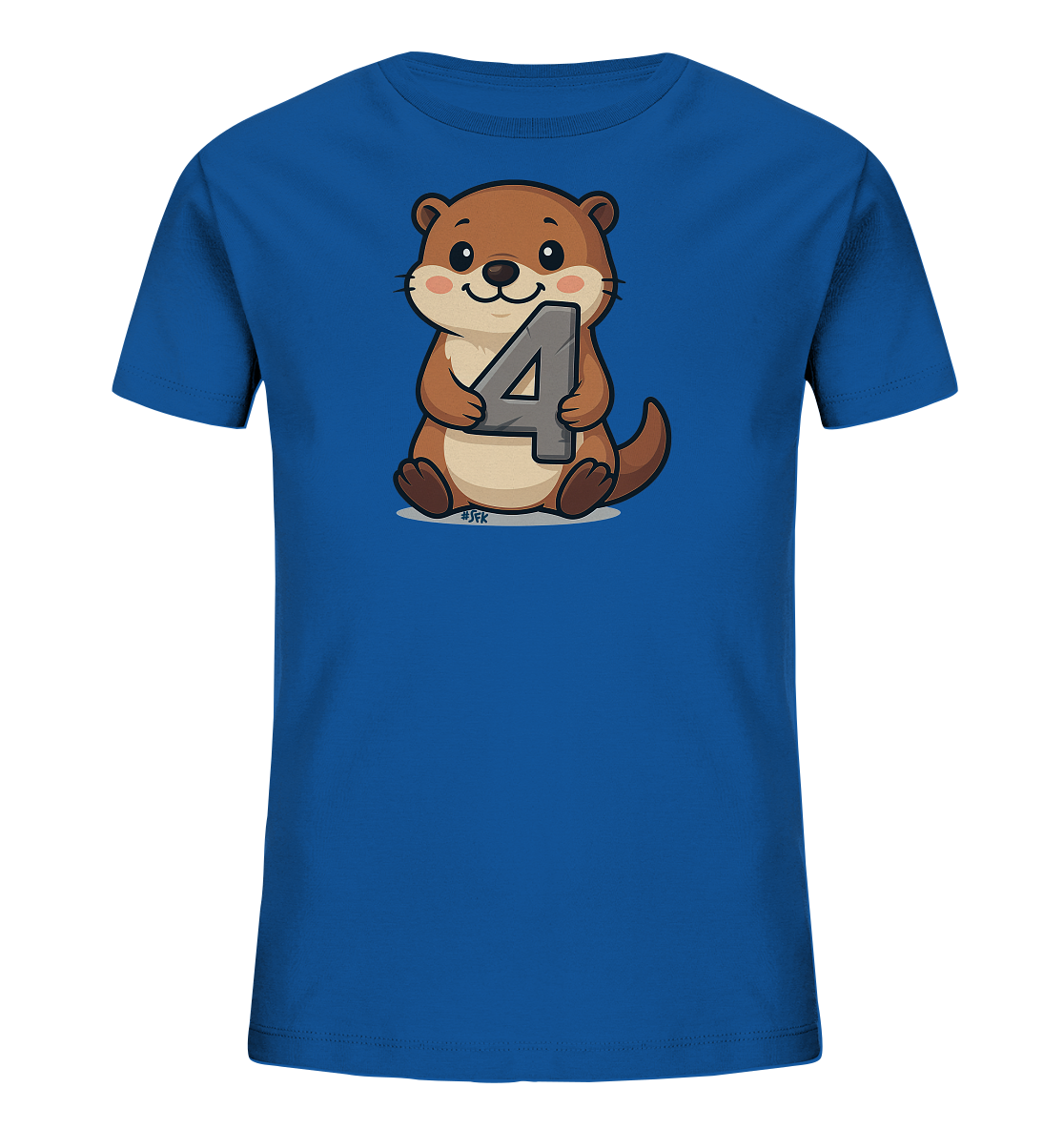 Onlineshop Shirts fuer Kinder - Das Bild zeigt ein blaues Kinder-T-Shirt mit einem niedlichen Motiv auf der Vorderseite. Ein Cartoon-Otter sitzt lachend aufrecht und haelt die graue Zahl '4' in seinen Pfoten. Der Otter hat braunes Fell und laechelt freundlich. Das Design wirkt verspielt und passend fuer Kinder, die ihren vierten Geburtstag feiern.