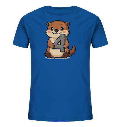 Onlineshop Shirts fuer Kinder - Das Bild zeigt ein blaues Kinder-T-Shirt mit einem niedlichen Motiv auf der Vorderseite. Ein Cartoon-Otter sitzt lachend aufrecht und haelt die graue Zahl '4' in seinen Pfoten. Der Otter hat braunes Fell und laechelt freundlich. Das Design wirkt verspielt und passend fuer Kinder, die ihren vierten Geburtstag feiern.