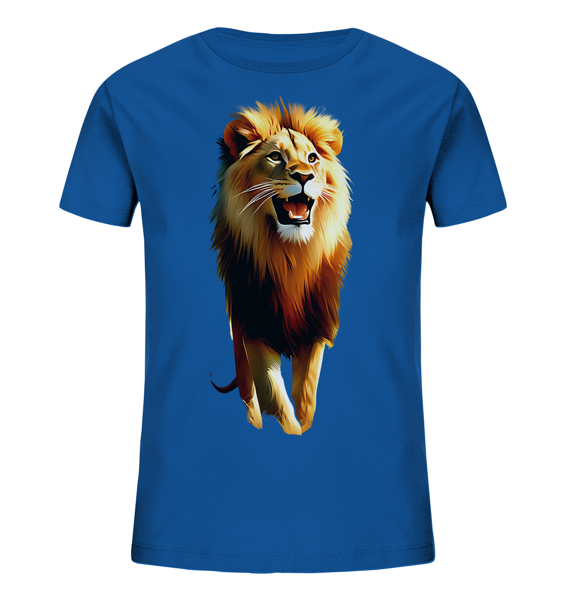 Onlineshop Shirts fuer Kinder - Dieses Bild zeigt ein leuchtend blaues T-Shirt fuer Kinder mit einem auffaelligen Loewenmotiv auf der Vorderseite. Der Loewe ist realistisch dargestellt mit beeindruckender Maehne und geoeffnetem Maul. Die Illustration verwendet warme Farben und detaillierte Pinselstriche. Das Design wirkt kraftvoll und lebendig.