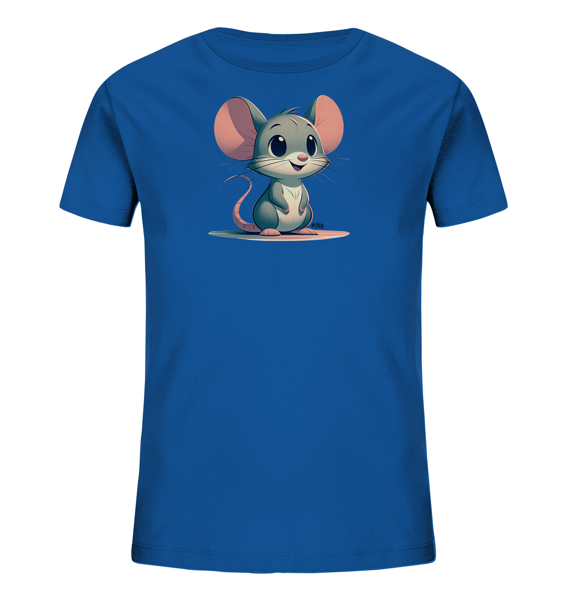Onlineshop Shirts fuer Kinder - Das Bild zeigt ein strahlend blaues Kinder T-Shirt. Auf der Vorderseite ist eine niedliche Cartoon-Maus mit grossen Ohren zu sehen. Die Maus sitzt und laechelt freundlich. Sie ist auf einer ovalen Flaeche dargestellt, was dem Design einen verspielten Look verleiht.