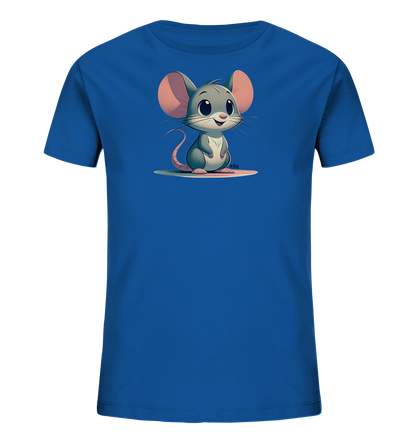 Onlineshop Shirts fuer Kinder - Das Bild zeigt ein strahlend blaues Kinder T-Shirt. Auf der Vorderseite ist eine niedliche Cartoon-Maus mit grossen Ohren zu sehen. Die Maus sitzt und laechelt freundlich. Sie ist auf einer ovalen Flaeche dargestellt, was dem Design einen verspielten Look verleiht.
