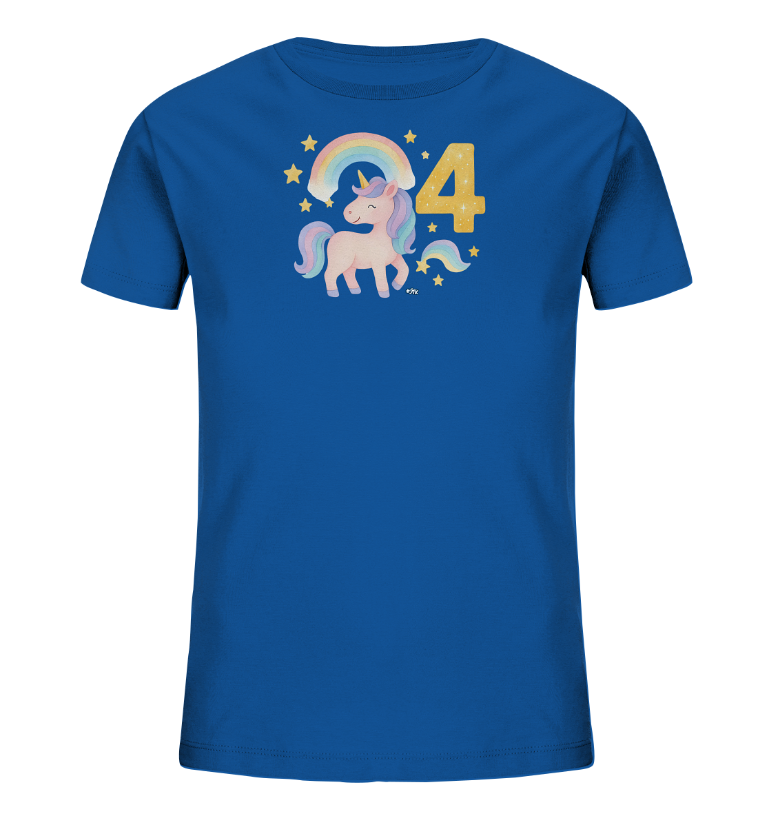 Onlineshop Shirts fuer Kinder - Das Bild zeigt ein blaues Kinder T-Shirt. Auf der Vorderseite ist ein Einhorn abgebildet, umgeben von Sternen und einem Regenbogen. Neben dem Einhorn befindet sich die grosse goldene Zahl 4. Das Design ist farbenfroh und verspielt, ideal fuer Kinder.