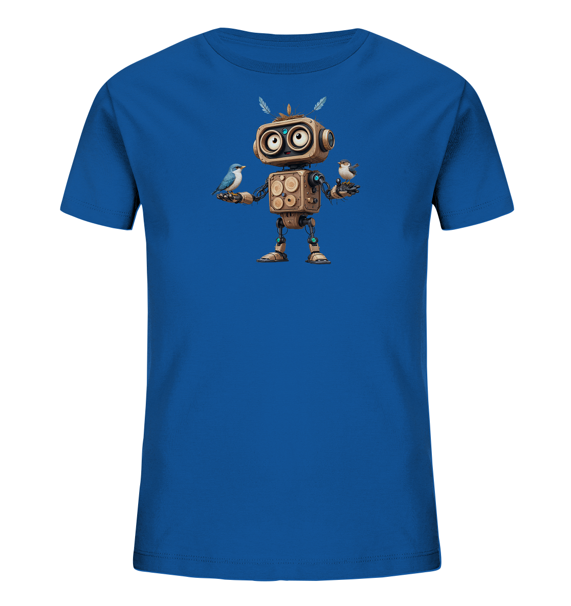Onlineshop Shirts für Kinder - Das Bild zeigt ein blaues T-Shirt für Kinder mit einem detaillierten Druck auf der Vorderseite. Der Druck zeigt einen freundlichen Roboter, dessen Körper aus braunen, kastenartigen Elementen zu bestehen scheint und der große, runde Augen hat. Der Roboter hält vorsichtig je einen kleinen Vogel auf seinen ausgestreckten Händen. Über dem Kopf des Roboters sind kurze Antennen mit angedeuteten Federn zu sehen, was dem Motiv eine besondere Note verleiht.