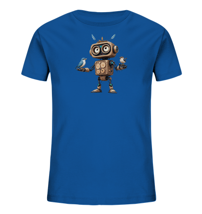 Onlineshop Shirts für Kinder - Das Bild zeigt ein blaues T-Shirt für Kinder mit einem detaillierten Druck auf der Vorderseite. Der Druck zeigt einen freundlichen Roboter, dessen Körper aus braunen, kastenartigen Elementen zu bestehen scheint und der große, runde Augen hat. Der Roboter hält vorsichtig je einen kleinen Vogel auf seinen ausgestreckten Händen. Über dem Kopf des Roboters sind kurze Antennen mit angedeuteten Federn zu sehen, was dem Motiv eine besondere Note verleiht.
