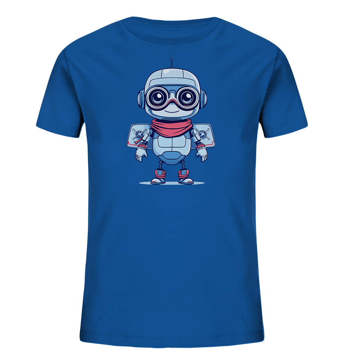 Onlineshop Shirts für Kinder - Das Bild zeigt ein blaues Kinder-T-Shirt, auf dessen Vorderseite ein detailreicher, comicartiger Roboter abgebildet ist. Der Roboter ist in silbernen und blauen Tönen gehalten, trägt eine rote Schärpe oder einen Schal und hat große Schutzbrillen auf. Er besitzt kleine Flügelpakete auf dem Rücken und rote Akzente an Gelenken und Füßen. Die Darstellung des Roboters ist freundlich und detailreich, was dem Shirt einen verspielten Look verleiht.