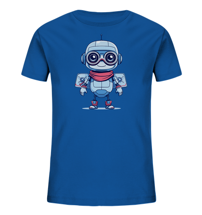 Onlineshop Shirts für Kinder - Das Bild zeigt ein blaues Kinder-T-Shirt, auf dessen Vorderseite ein detailreicher, comicartiger Roboter abgebildet ist. Der Roboter ist in silbernen und blauen Tönen gehalten, trägt eine rote Schärpe oder einen Schal und hat große Schutzbrillen auf. Er besitzt kleine Flügelpakete auf dem Rücken und rote Akzente an Gelenken und Füßen. Die Darstellung des Roboters ist freundlich und detailreich, was dem Shirt einen verspielten Look verleiht.