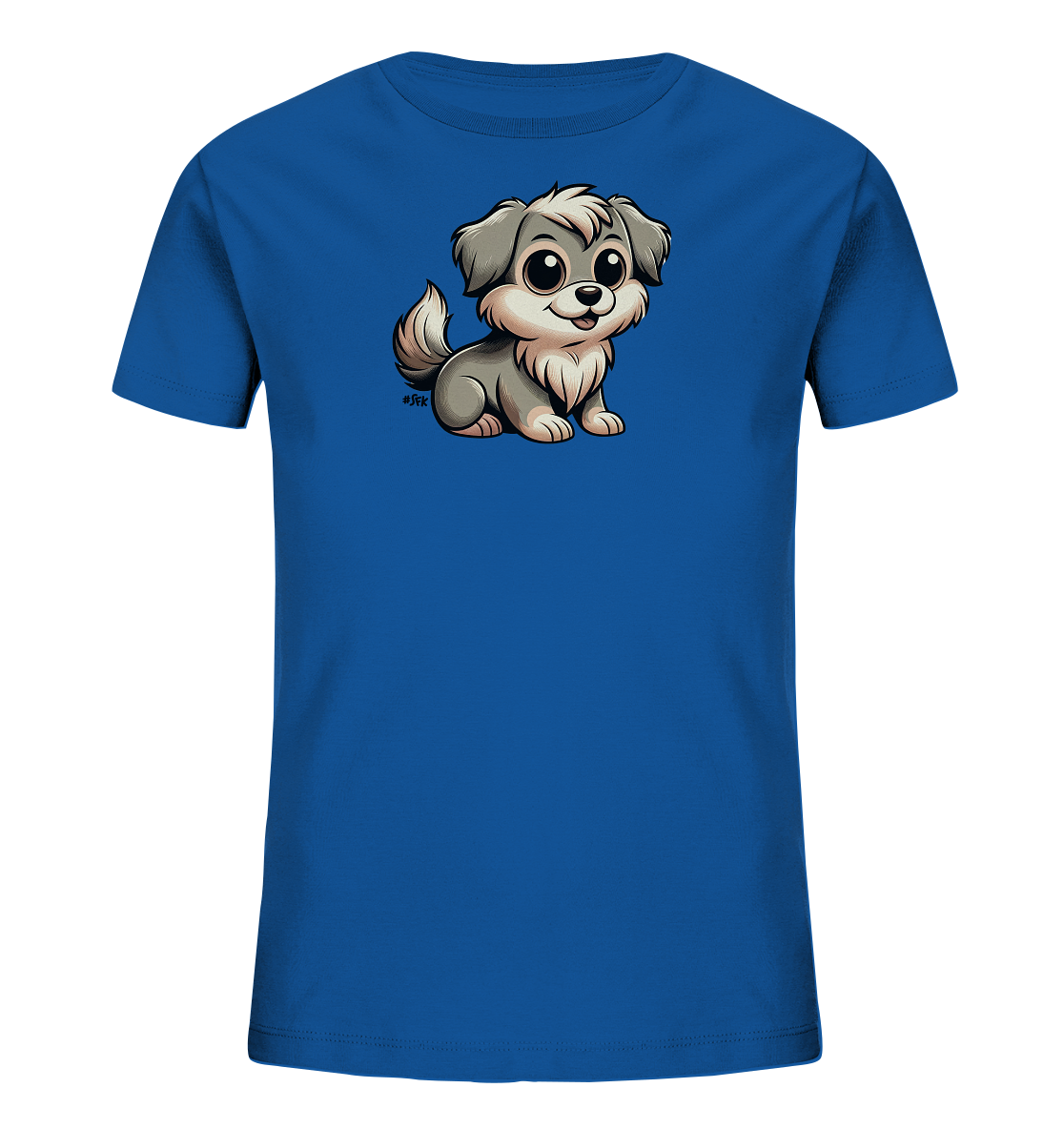 Onlineshop Shirts fuer Kinder - Dieses Bild zeigt ein leuchtend blaues T-Shirt fuer Kinder mit einer suessen Illustration. Ein kleiner, flauschiger Hund mit grossen, freundlichen Augen sitzt in der Mitte des Shirts. Der Hund ist grau und weiss dargestellt und hat einen verspielten Ausdruck.