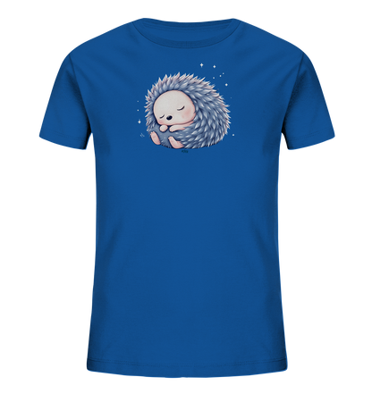 Onlineshop Shirts fuer Kinder - Das blaue T-Shirt zeigt auf der Vorderseite einen niedlichen, schlafenden Igel, der sich friedlich zusammengerollt hat. Der Igel hat graue Stacheln und ein zartrosa Gesicht, die Augen sind geschlossen. Kleine weisse Sterne umgeben das Motiv und verleihen ihm eine vertraeumte Atmosphaere, ideal fuer Kinder.