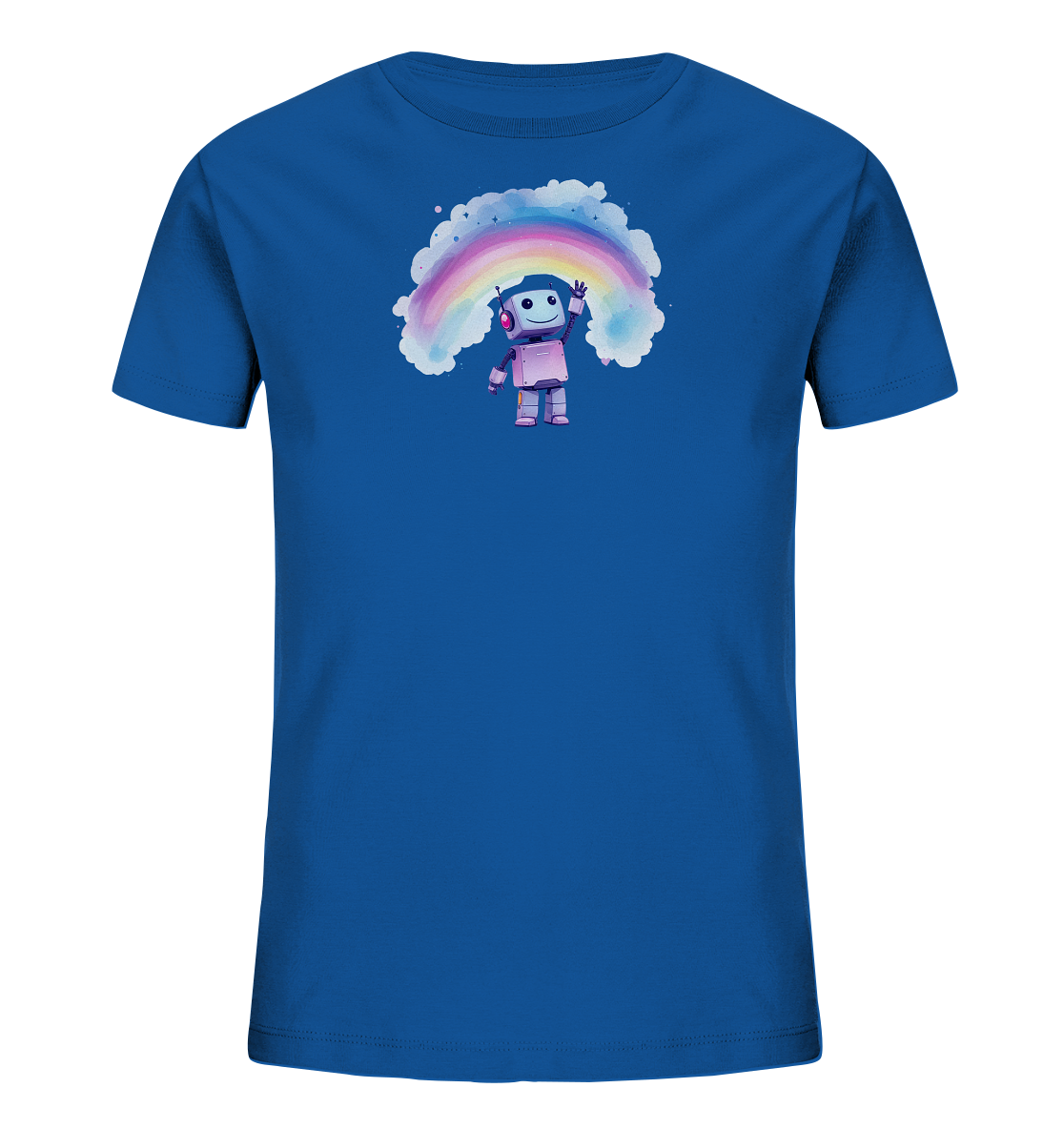 Onlineshop Shirts für Kinder - Das Bild zeigt ein leuchtend blaues Kinder-T-Shirt. Auf der Vorderseite ist eine bunte Grafik mit einem kleinen, lächelnden Roboter abgebildet. Der Roboter steht unter einem pastellfarbenen Regenbogen, der von weißen, fluffigen Wolken umrahmt ist. Mehrere kleine Sterne oder Punkte sind ebenfalls in den Wolkenbereich integriert, was dem Design eine fröhliche Note verleiht.