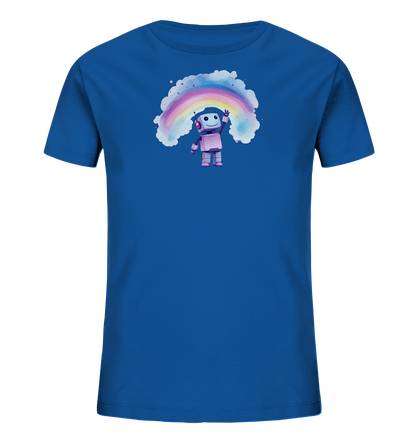 Onlineshop Shirts für Kinder - Das Bild zeigt ein leuchtend blaues Kinder-T-Shirt. Auf der Vorderseite ist eine bunte Grafik mit einem kleinen, lächelnden Roboter abgebildet. Der Roboter steht unter einem pastellfarbenen Regenbogen, der von weißen, fluffigen Wolken umrahmt ist. Mehrere kleine Sterne oder Punkte sind ebenfalls in den Wolkenbereich integriert, was dem Design eine fröhliche Note verleiht.