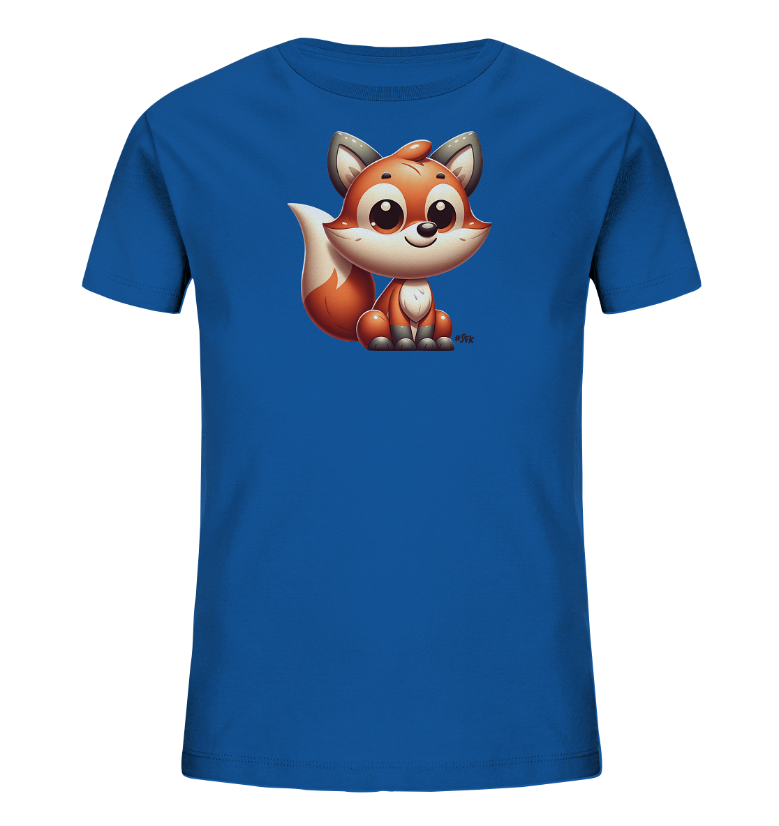 Onlineshop Shirts fuer Kinder - Das Bild zeigt ein blaues Kinder-T-Shirt mit einem niedlichen Cartoon-Fuchs auf der Vorderseite. Der Fuchs ist orange und weiss, sitzt in einer aufrechten Position und hat grosse Augen sowie ein freundliches Laecheln. Dieses Motiv verleiht dem Shirt einen verspielten Charakter.
