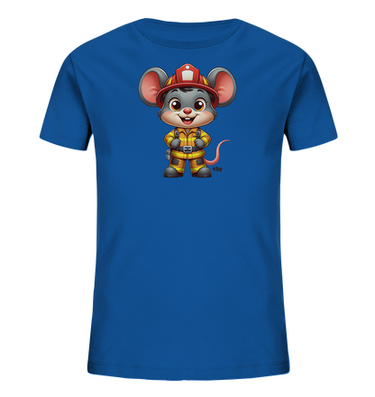 Onlineshop Shirts fuer Kinder - Das Bild zeigt ein blaues T-Shirt fuer Kinder. Auf der Vorderseite ist eine freundliche Cartoon-Maus abgebildet. Die Maus traegt einen roten Feuerwehrhelm und eine gelb-orangene Feuerwehruniform. Dieses Motiv verleiht dem Shirt einen verspielten und heldenhaften Look.