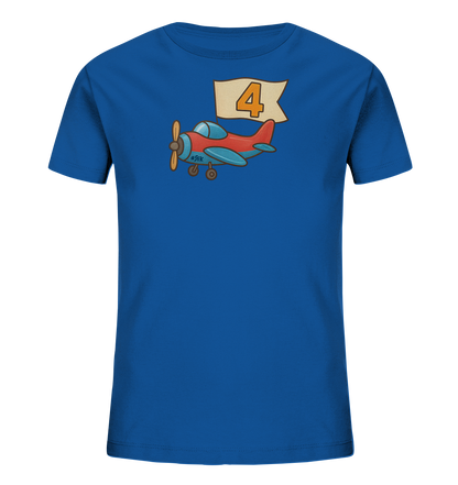 Kinder T-Shirt mit rotem und blauem Flugzeug, Banner und Zahl 4