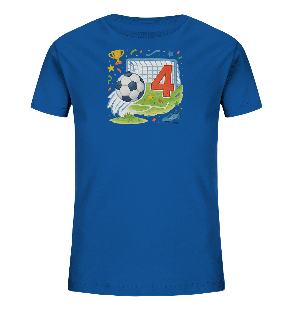 Onlineshop Shirts fuer Kinder - Das Bild zeigt ein blaues Kinder-T-Shirt mit einem farbenfrohen Fussballmotiv. Die Grafik stellt ein Fussballtor mit der grossen Zahl 4 dar, umrahmt von einem Fussball, einem Pokal und feierlichen Elementen wie Konfetti und Sternen. Es ist ein dynamisches Design, das den vierten Geburtstag oder einfach die Leidenschaft fuer Fussball feiert. Details wie ein Fussballschuh auf dem Rasen runden das sportliche Bild ab.