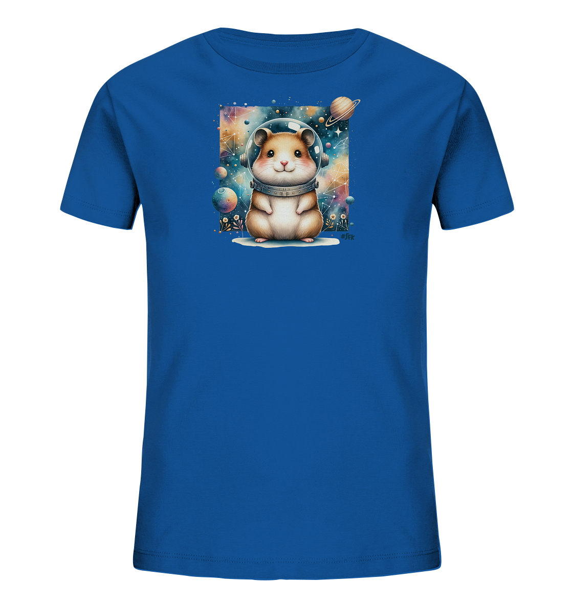 Onlineshop Shirts fuer Kinder - Dieses leuchtend blaue Kinder-T-Shirt zeigt ein quadratisches Weltraum-Motiv. Ein niedlicher Hamster traegt einen Astronautenhelm und laechelt freundlich in einer farbenfrohen Galaxie. Im Hintergrund sind Sterne, Nebel und verschiedene Planeten dargestellt. Das Design kombiniert ein suesses Tier mit einem spannenden Weltraum-Thema.