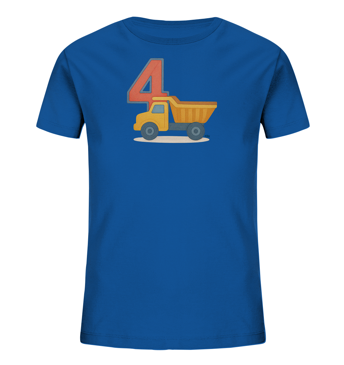 Onlineshop Shirts fuer Kinder - Das Bild zeigt ein blaues Kinder-T-Shirt mit einem grossen Motiv auf der Vorderseite. Das Design umfasst die Zahl '4' in Rot-Orange und daneben einen gelben Spielzeug-Lastwagen. Beide Elemente sind in einem verspielten Stil auf einem hellen Untergrund dargestellt. Das Motiv wirkt froehlich und passend fuer ein Kind.