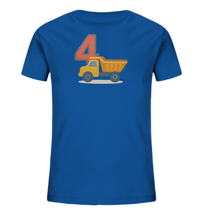 Onlineshop Shirts fuer Kinder - Das Bild zeigt ein blaues Kinder-T-Shirt mit einem grossen Motiv auf der Vorderseite. Das Design umfasst die Zahl '4' in Rot-Orange und daneben einen gelben Spielzeug-Lastwagen. Beide Elemente sind in einem verspielten Stil auf einem hellen Untergrund dargestellt. Das Motiv wirkt froehlich und passend fuer ein Kind.