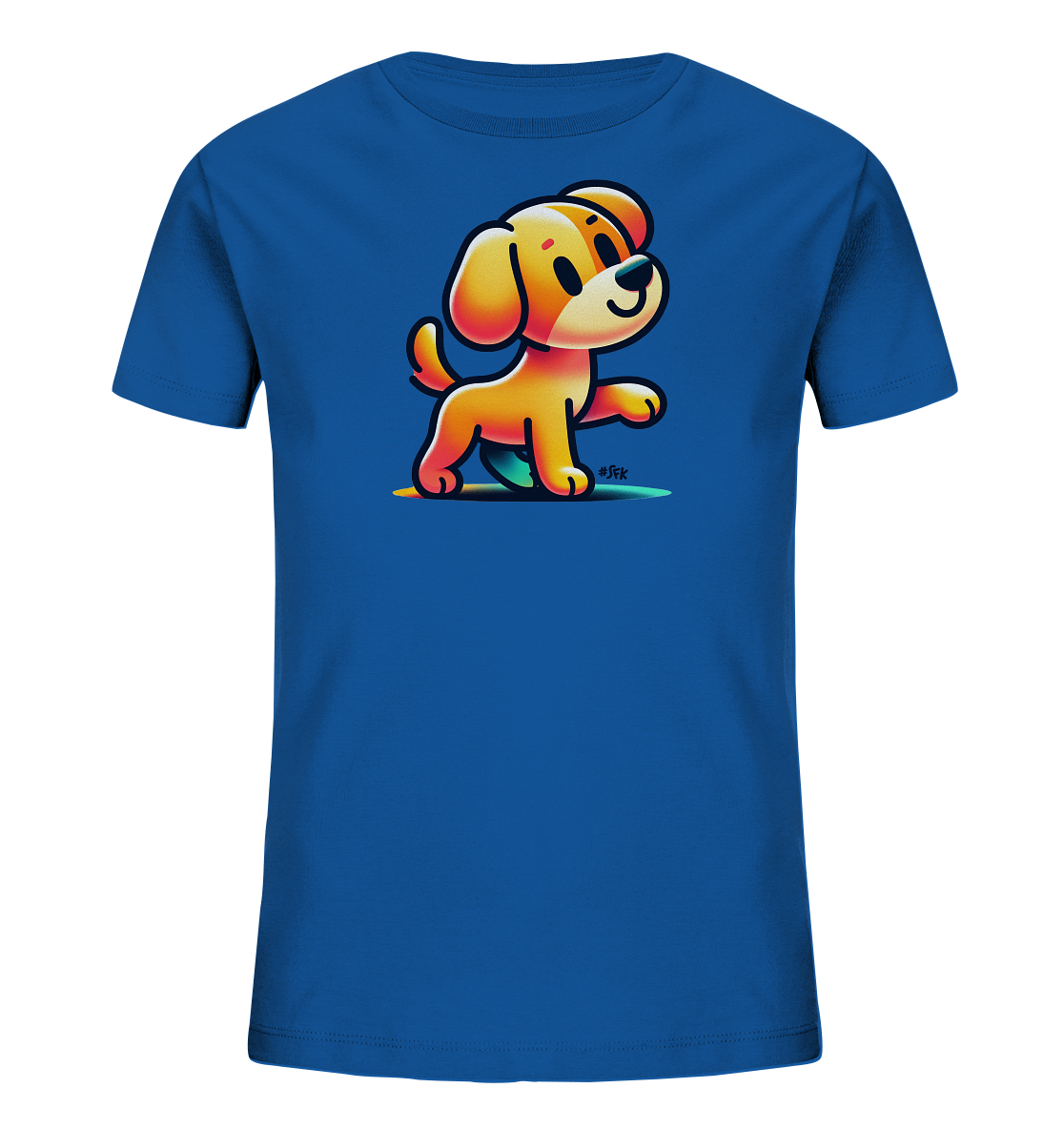 Onlineshop Shirts fuer Kinder - Das Bild zeigt ein blaues T-Shirt fuer Kinder. Auf der Vorderseite ist ein suesser, cartoonhafter Hund abgebildet. Der Hund in warmen Gelb- und Orangetoenen laechelt und ist in einer Laufbewegung dargestellt. Er steht auf einer bunten, geschwungenen Linie.