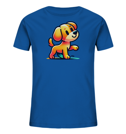 Kinder T-Shirt mit hellbraunem Cartoon-Hund, Lächeln und erhobener Pfote