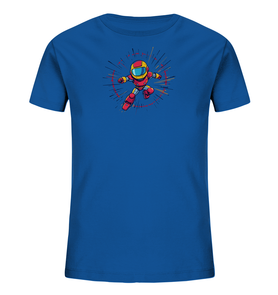 Onlineshop Shirts für Kinder - Das Bild zeigt ein blaues Kinder-T-Shirt mit einem farbenfrohen Motiv auf der Vorderseite. Zu sehen ist eine kleine, cartoonartige Figur in roter und gelber Rüstung, die an einen Superhelden oder Roboter erinnert. Die Figur ist in einer dynamischen Bewegung dargestellt, umgeben von einem sternförmigen Effekt aus Linien in Rot, Gelb und Schwarz. Dieses Design verleiht dem Shirt einen abenteuerlichen und kraftvollen Look.