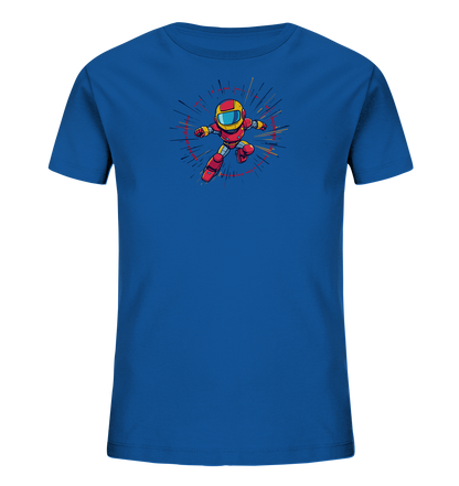 Onlineshop Shirts für Kinder - Das Bild zeigt ein blaues Kinder-T-Shirt mit einem farbenfrohen Motiv auf der Vorderseite. Zu sehen ist eine kleine, cartoonartige Figur in roter und gelber Rüstung, die an einen Superhelden oder Roboter erinnert. Die Figur ist in einer dynamischen Bewegung dargestellt, umgeben von einem sternförmigen Effekt aus Linien in Rot, Gelb und Schwarz. Dieses Design verleiht dem Shirt einen abenteuerlichen und kraftvollen Look.