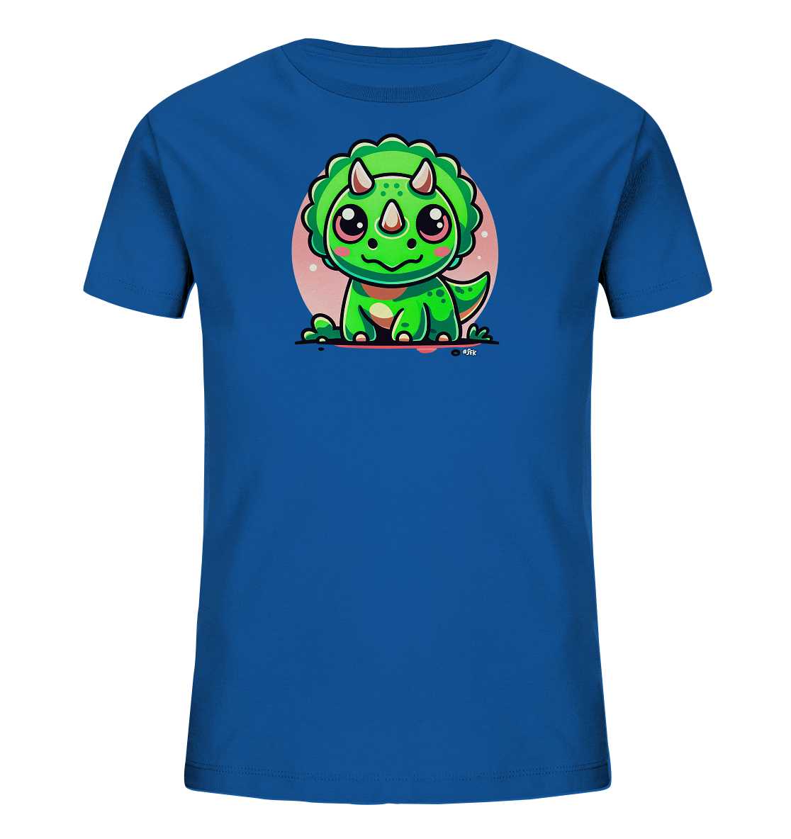 Onlineshop Shirts fuer Kinder - Das Bild zeigt ein blaues Kinder-T-Shirt mit einem niedlichen Motiv eines kleinen, gruenen Triceratops-Dinosauriers. Der Cartoon-Dinosaurier sitzt vor einem hellrosa Kreis und hat grosse, freundliche Augen sowie kleine Hoerner. Das Design wirkt farbenfroh und verspielt. Dieses T-Shirt ist ideal fuer kleine Dinosaurier-Fans.