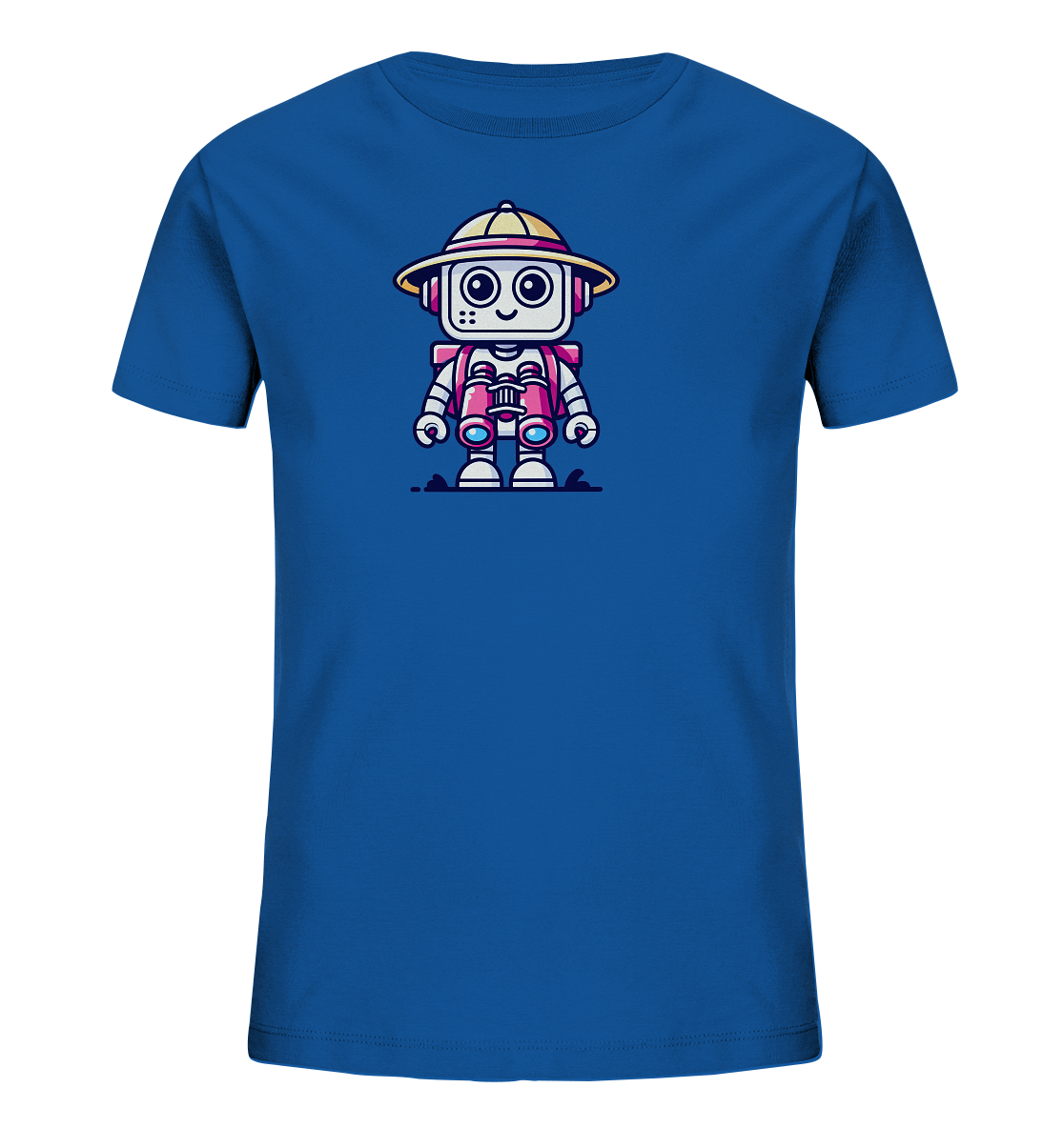 Onlineshop Shirts für Kinder - Das Bild zeigt ein leuchtend blaues T-Shirt, das mit einem charmanten Comic-Roboter bedruckt ist. Der Roboter trägt einen gelben Tropenhut und hat ein Fernglas um den Hals gehängt, bereit für ein Abenteuer. Seine freundliche Mimik und die bunten Details in Rosa und Gelb machen das Motiv besonders ansprechend. Dieses Shirt eignet sich hervorragend für Kinder, die neugierig die Welt entdecken möchten.