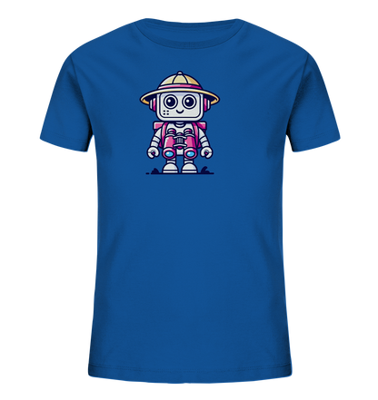 Onlineshop Shirts für Kinder - Das Bild zeigt ein leuchtend blaues T-Shirt, das mit einem charmanten Comic-Roboter bedruckt ist. Der Roboter trägt einen gelben Tropenhut und hat ein Fernglas um den Hals gehängt, bereit für ein Abenteuer. Seine freundliche Mimik und die bunten Details in Rosa und Gelb machen das Motiv besonders ansprechend. Dieses Shirt eignet sich hervorragend für Kinder, die neugierig die Welt entdecken möchten.