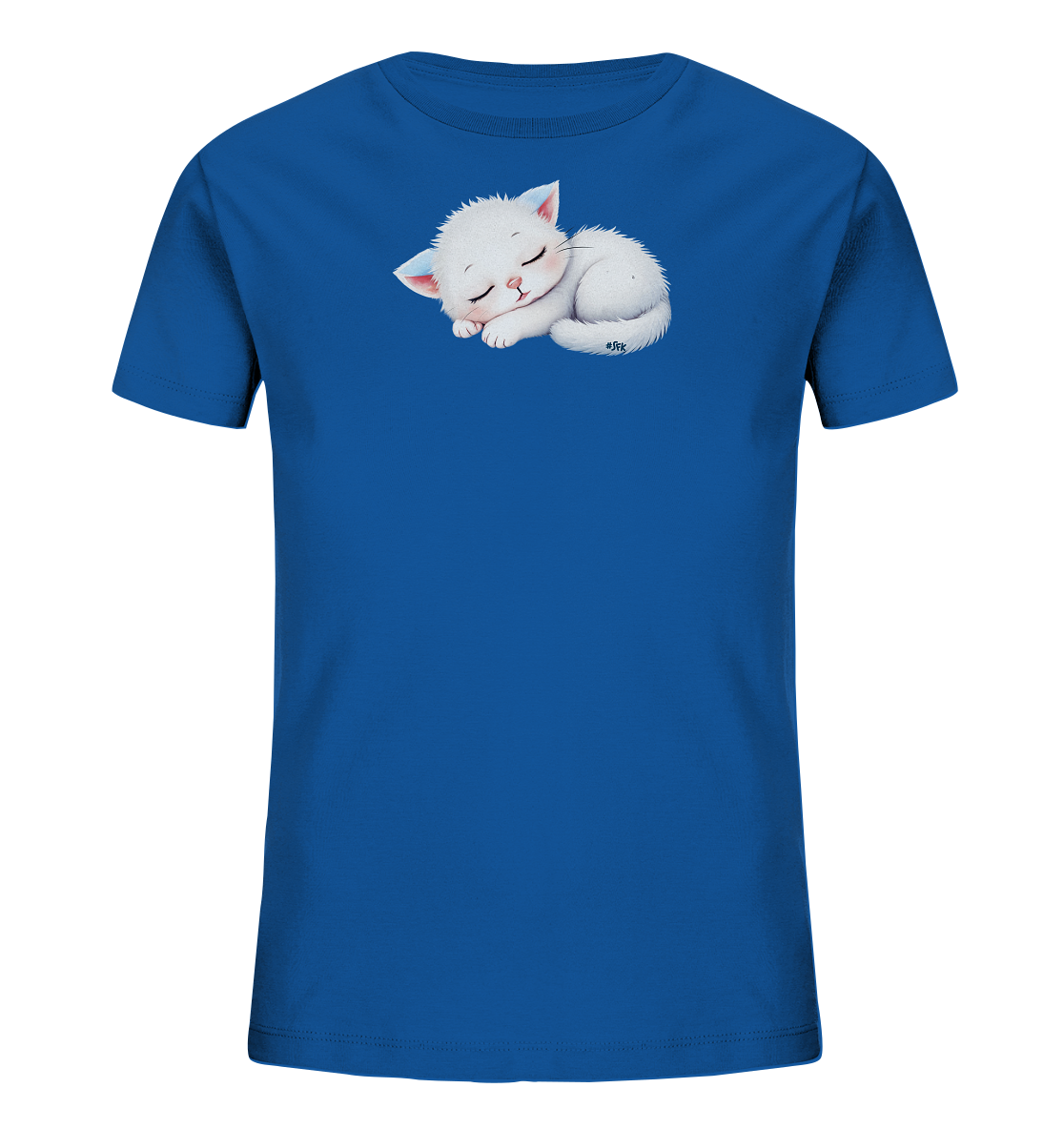 Onlineshop Shirts fuer Kinder - Das Bild zeigt ein koenigsblaues T-Shirt fuer Kinder. Auf der Vorderseite ist eine niedliche, weisse Katze in einer schlafenden, zusammengerollten Pose abgebildet. Das Kaetzchen hat rosa Ohren und einen friedlichen Gesichtsausdruck, was dem Design eine sanfte Note verleiht. Die Illustration wirkt flauschig und detailreich, ideal fuer Kinderkleidung.